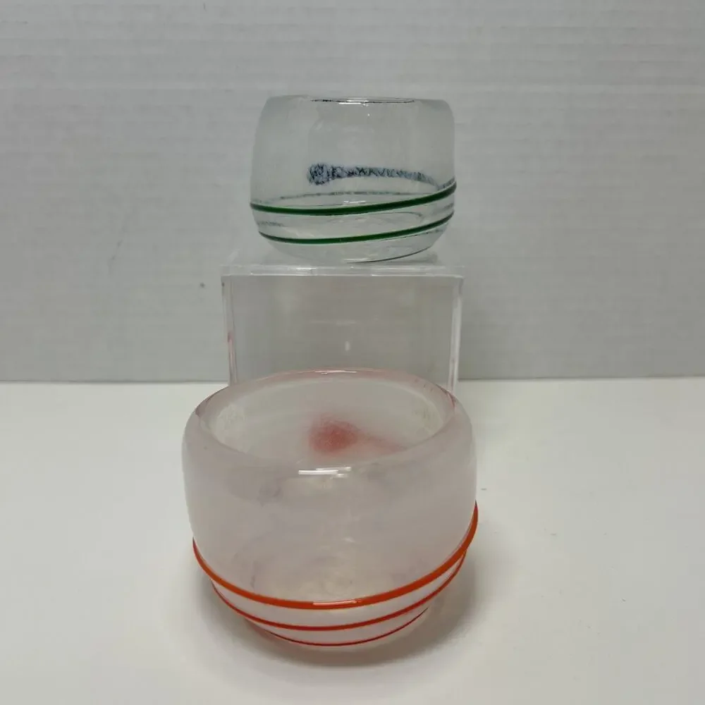 2 Hand Blown Studio Art Glass Votive Candle Holder Frosted Applied Green Orange